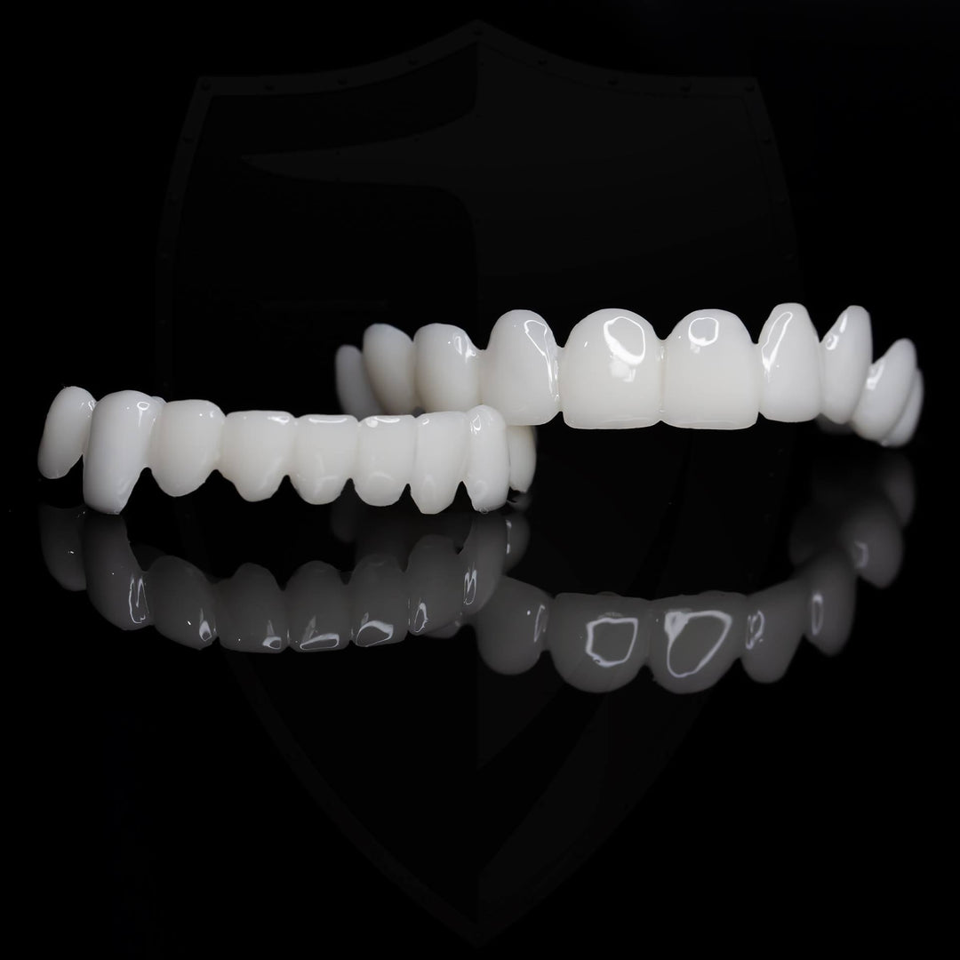 Packaging for unisex snap-on cosmetic veneers, promising a brighter, instant smile.