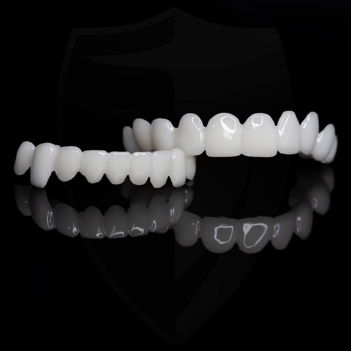 Packaging for unisex snap-on cosmetic veneers, promising a brighter, instant smile.