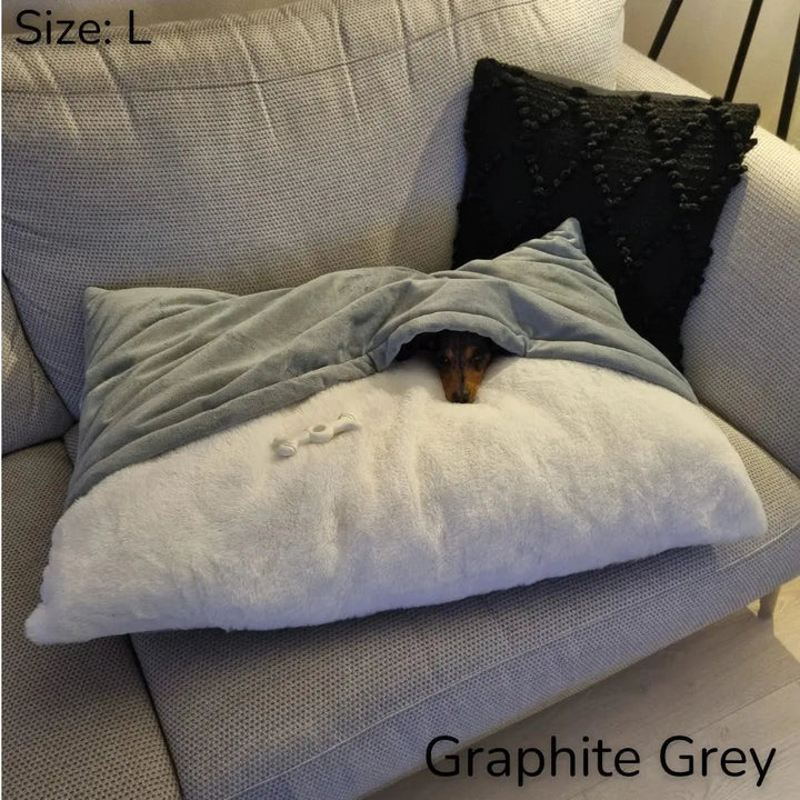 Snootzi CuddleNest dog bed with integrated comfort wrap. Soft pet lounger for anxiety relief & cozy burrowing.