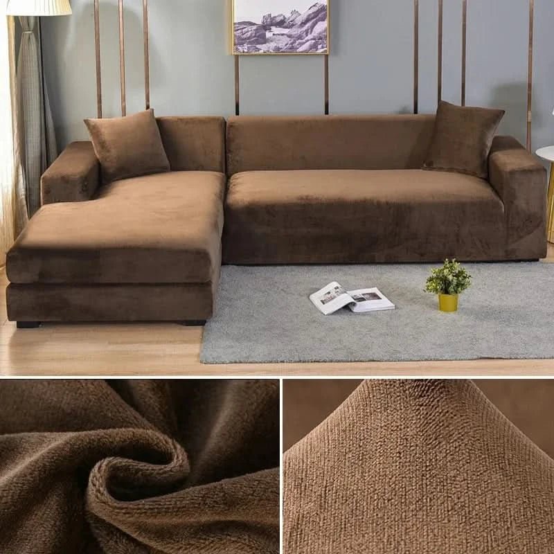 Luxurious velvet sofa cover, elastic stretch fit, solid color, pet friendly & washable couch protector.