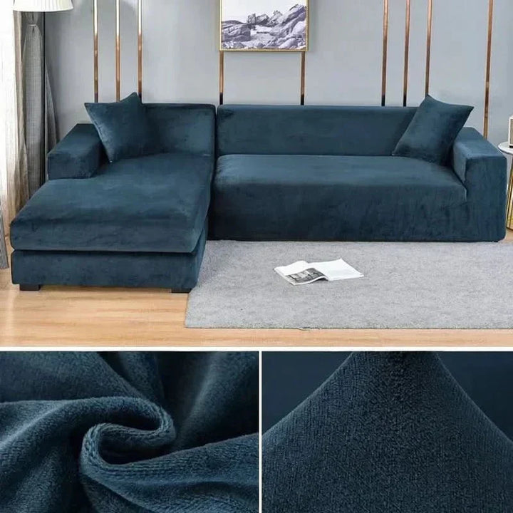 Comfortable velvet elastic sofa cover, stretch fit, solid color, luxurious living room furniture protector.