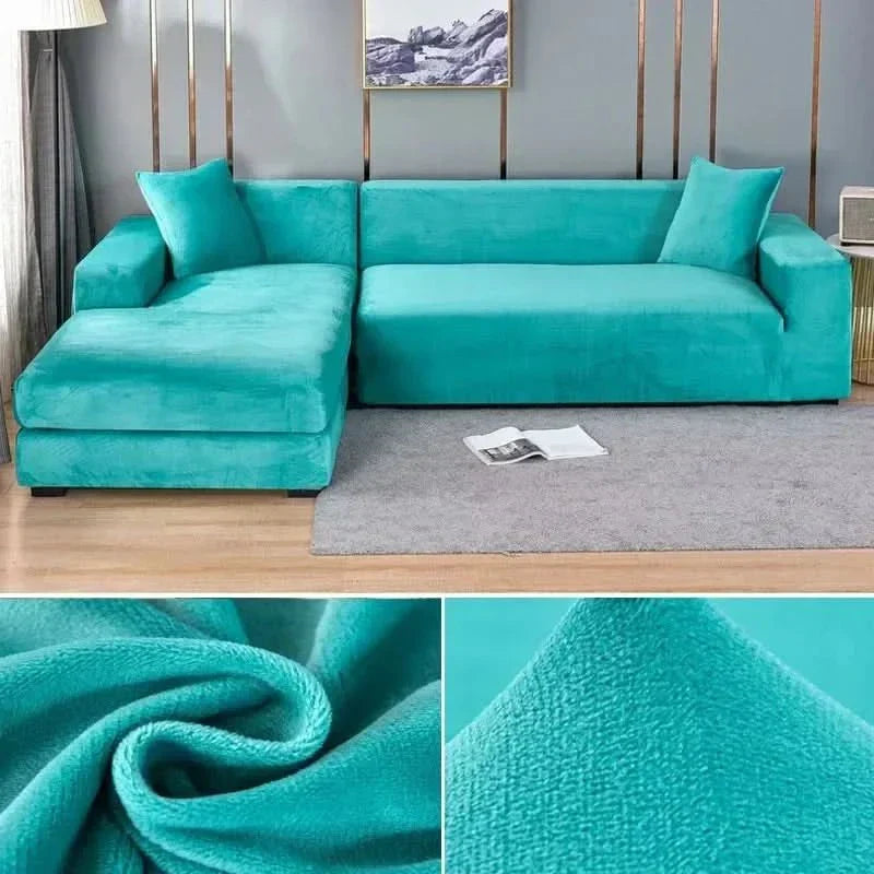 Easy care washable velvet sofa cover, elastic stretch fit, solid color couch shield for families.