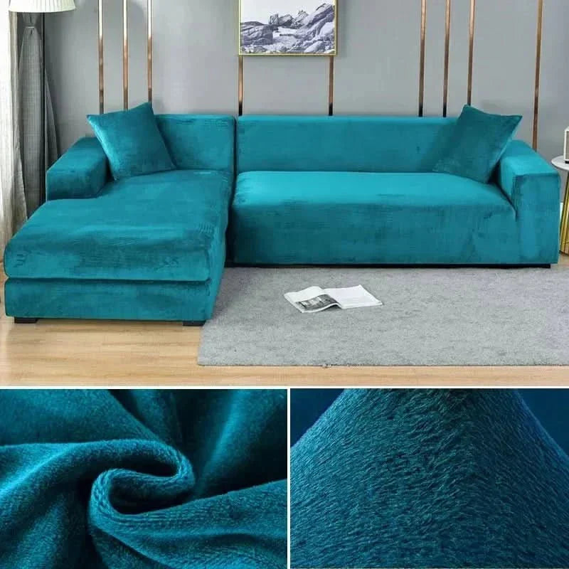 Plush velvet elastic sofa cover, stretch fit, solid color, luxurious furniture protector for living spaces.