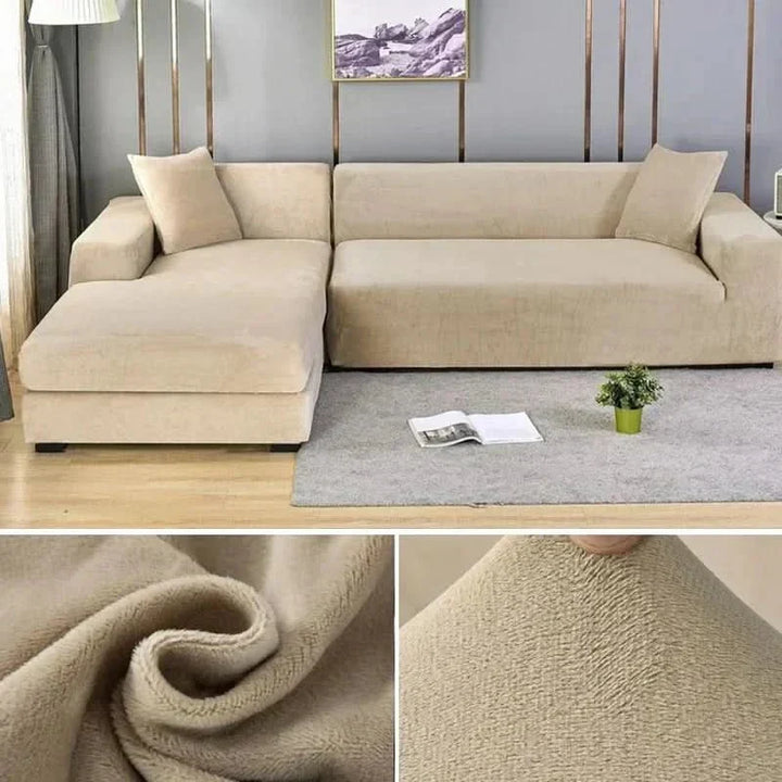 Modern elastic velvet sofa cover, stretch fit, solid color, luxurious living room furniture protector.