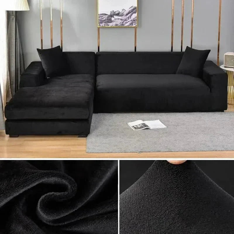 Snug fit elastic velvet sofa cover, luxurious solid color, washable pet friendly couch protector for sofas.