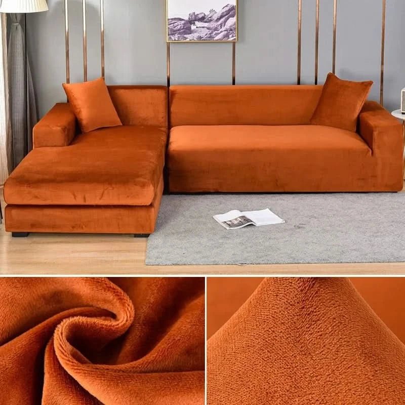 Elegant elastic velvet sofa cover, stretch fit, solid color, luxurious living room furniture shield.