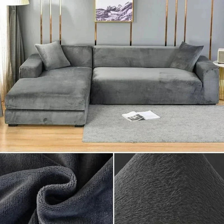 Elastic stretch fit sofa cover in luxurious velvet, solid color, ideal couch protector for living rooms.