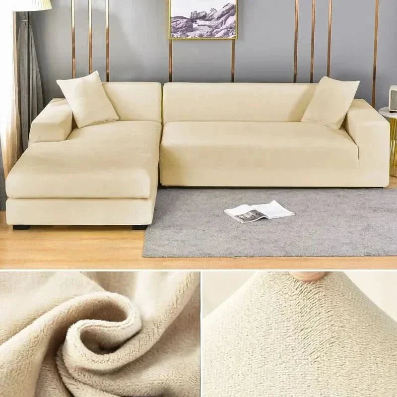Solid color elastic velvet sofa cover, luxurious stretch fit furniture shield for modern living rooms.