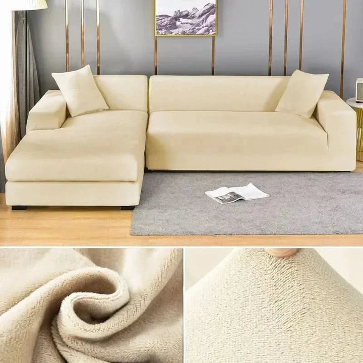 Solid color elastic velvet sofa cover, luxurious stretch fit furniture shield for modern living rooms.