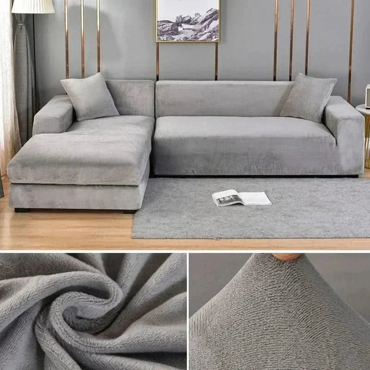 Velvet elastic slipcover, luxurious stretch fit sofa cover, solid color living room furniture protector.