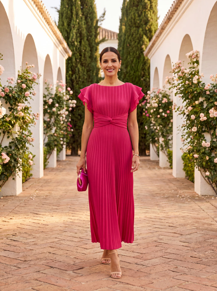 Elegant women's chic pleated maxi dress with delicate ruffle sleeves, perfect for formal occasions.