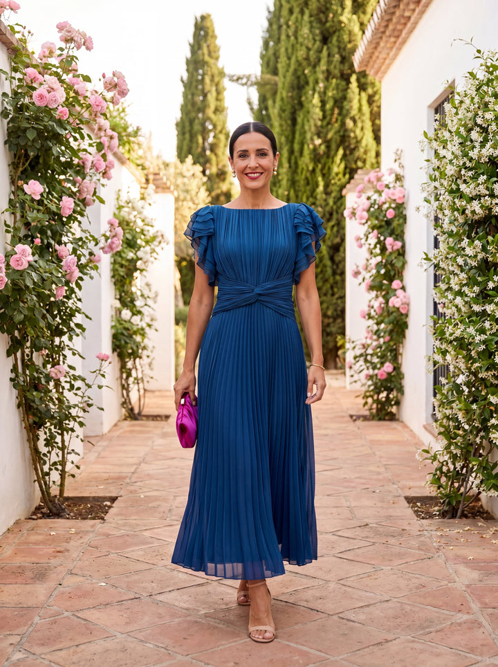 Chic and comfortable women's pleated maxi dress featuring graceful ruffle sleeves for a fashionable look.