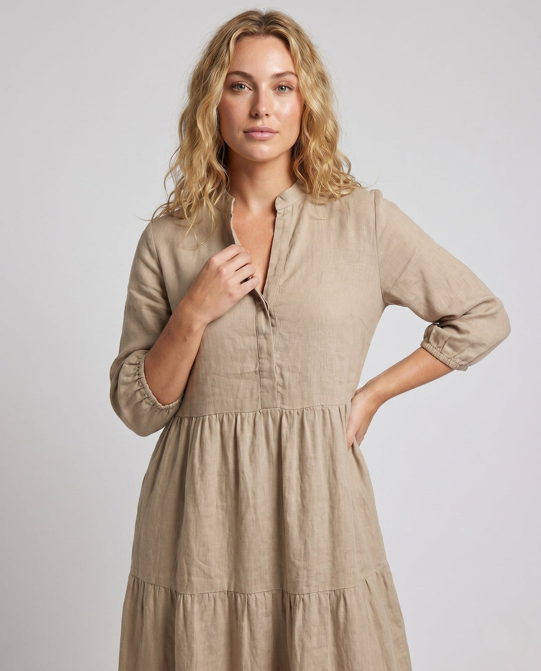 Women's tiered midi dress with button placket, perfect for summer casual fashion and comfort.