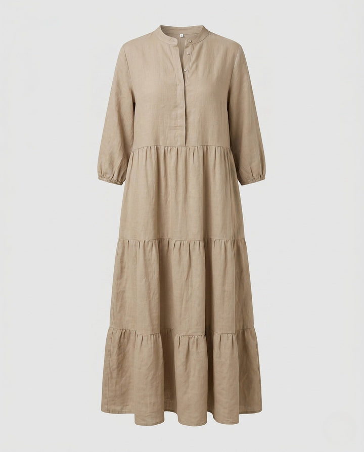 Effortless tiered midi dress for women, with a chic button placket and flowy, comfortable silhouette.