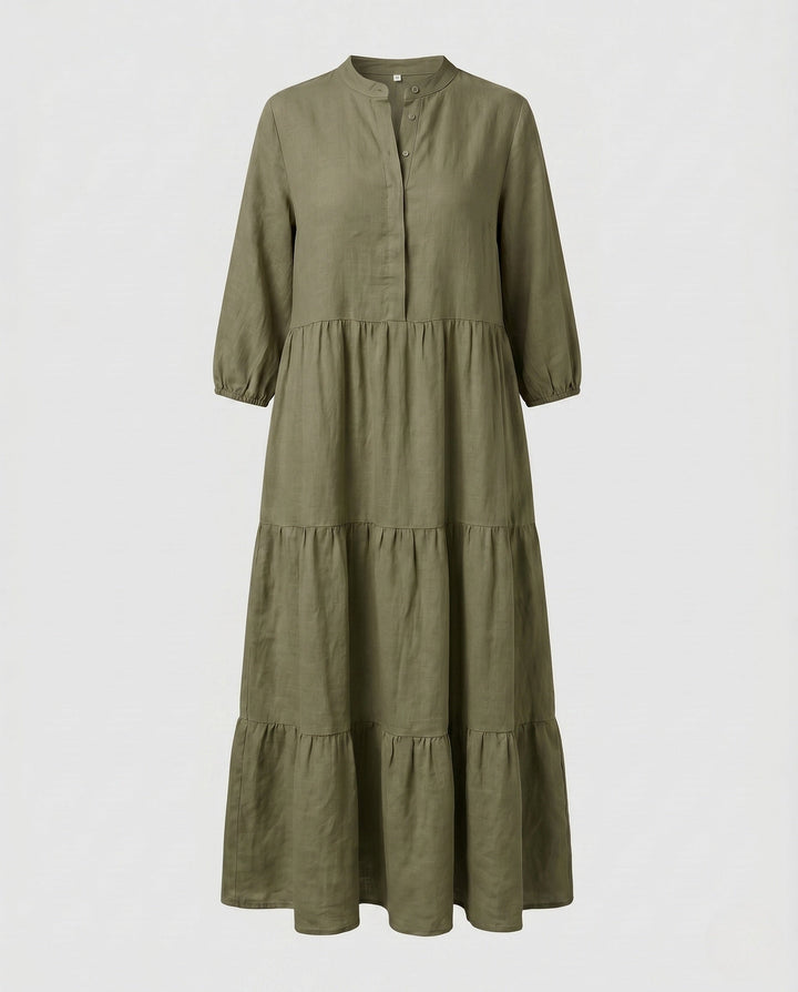 Comfortable women's summer midi dress, a tiered design with functional button placket for easy style.