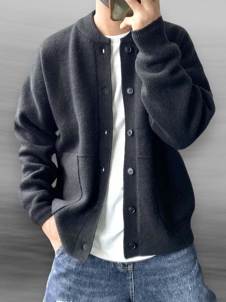 Men's relaxed fit button-front cardigan sweater, ideal for comfortable layering. Smart casual autumn fashion.