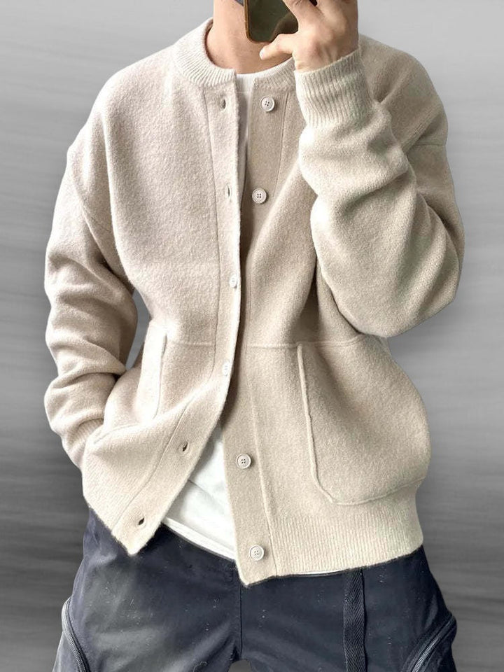 Modern men's long sleeve relaxed fit cardigan sweater, perfect for casual winter & autumn layering.