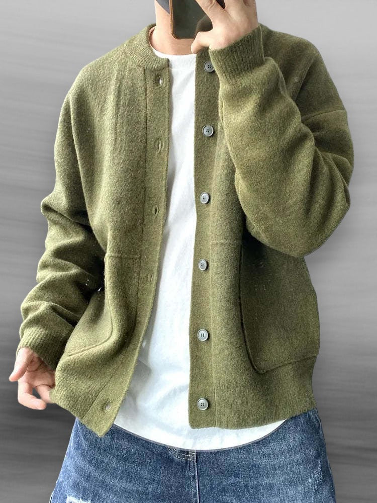 Comfortable men's button-front crew neck cardigan. Relaxed fit sweater for versatile layering.
