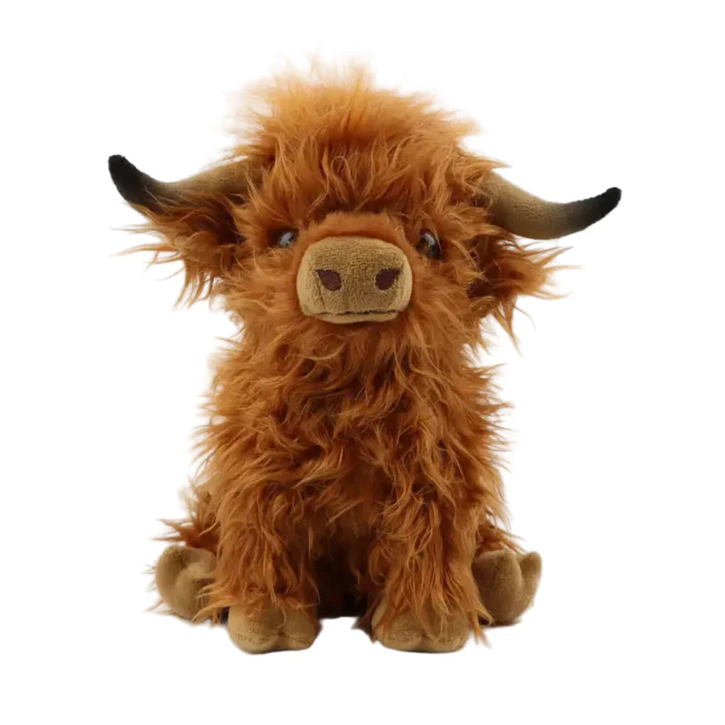 Soft cuddly Highland cow plush toy, a lovable stuffed animal for kids and home decor.