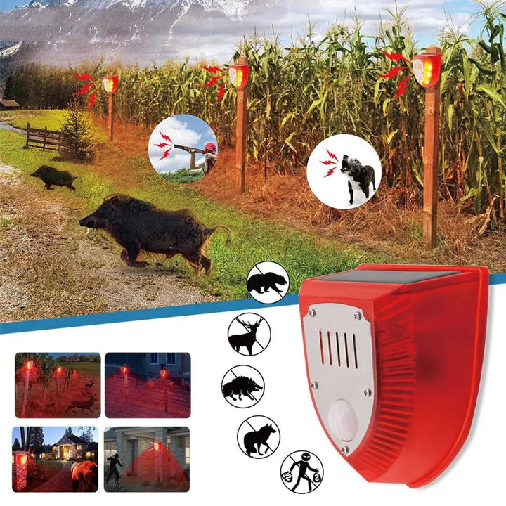 Weatherproof solar powered wildlife deterrent with motion sensor for outdoor garden & yard security.