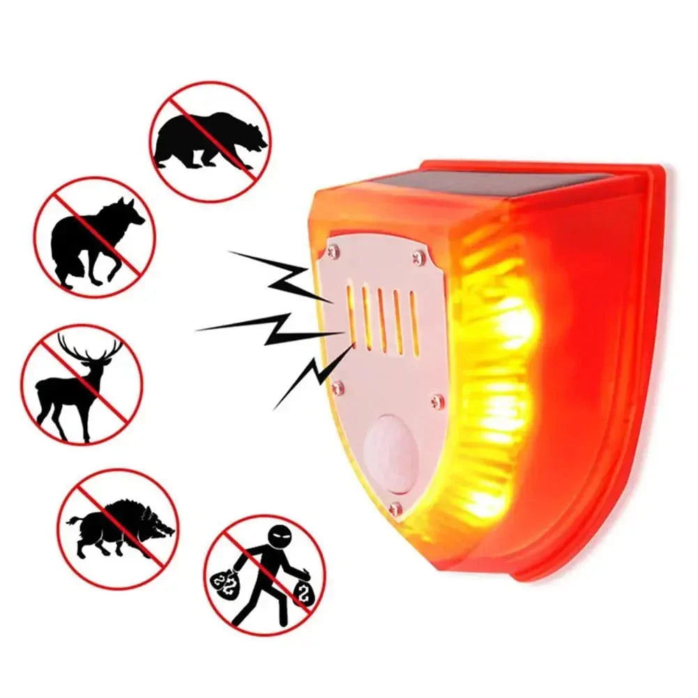Motion activated solar pest control protects gardens; weatherproof ultrasonic & alarm system deterrent.
