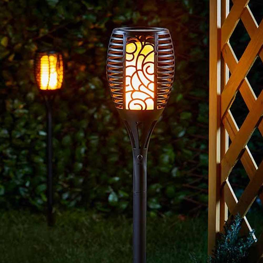 Pathway solar LED torch light, waterproof and designed for captivating flickering flame landscape lighting.