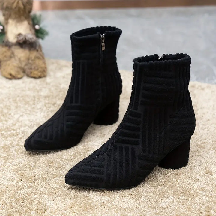 Everyday women's casual block heel boots. Solid color, comfortable platform sole, pointed toe, and functional zipper.