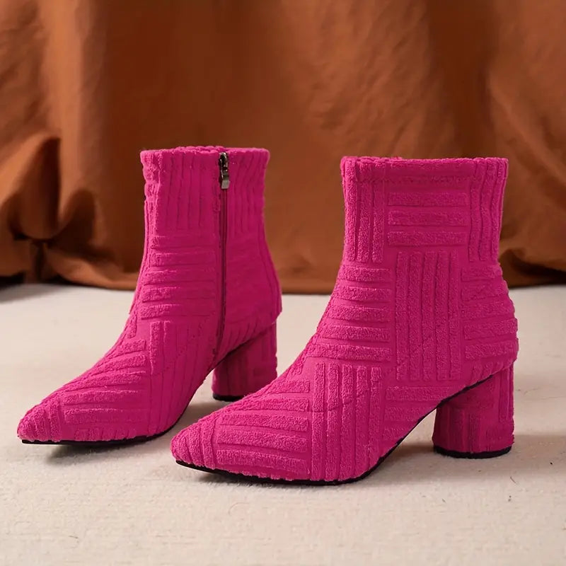 Chic women's solid color block heel boots with a pointed toe & platform sole. Ideal for all-season elegant style.