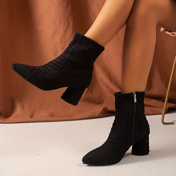 Selene women's solid black block heel boots with pointed toe & side zipper. Elegant for everyday fashion footwear.