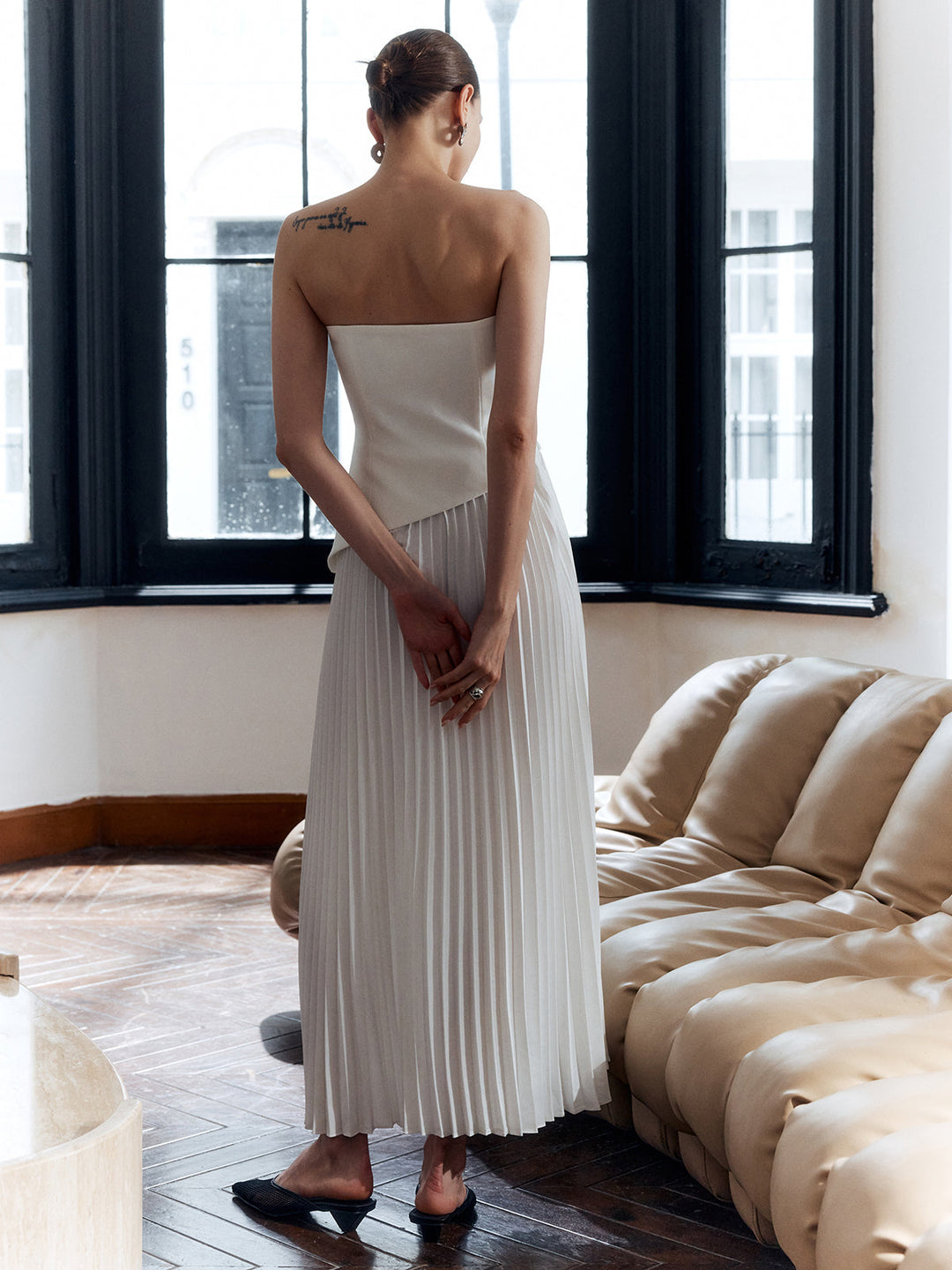 Women's Pleated Strapless Maxi Dress with Side Split