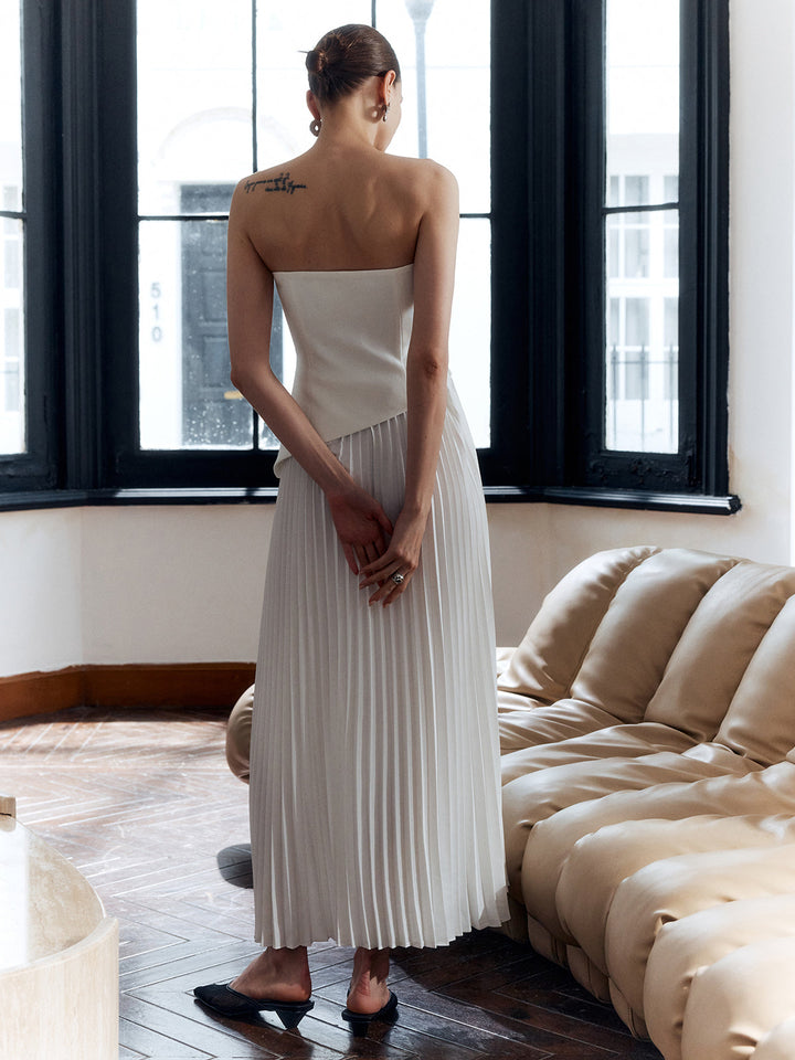 Women's Pleated Strapless Maxi Dress with Side Split
