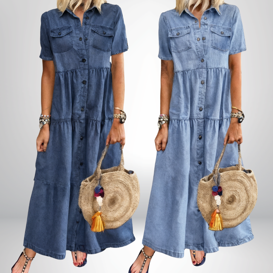 Comfortable and versatile women's casual denim midi dress with chic tiered skirt and functional buttons.