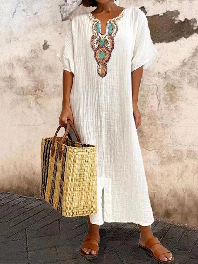 Women's classic boho embroidered maxi dress, perfect for summer casual wear or beach outings.