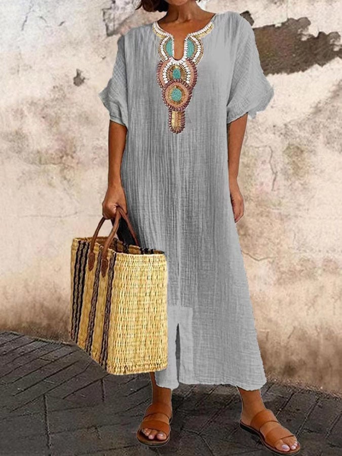 Boho embroidered maxi dress for women, designed with a relaxed fit for ultimate comfort and summer elegance.