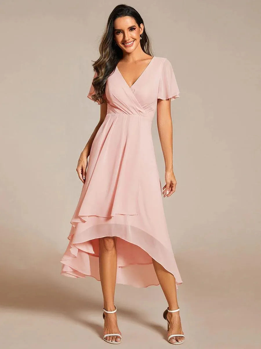 Elegant women's wrap V-neck midi dress with flowing high-low hem, perfect for parties & occasions.