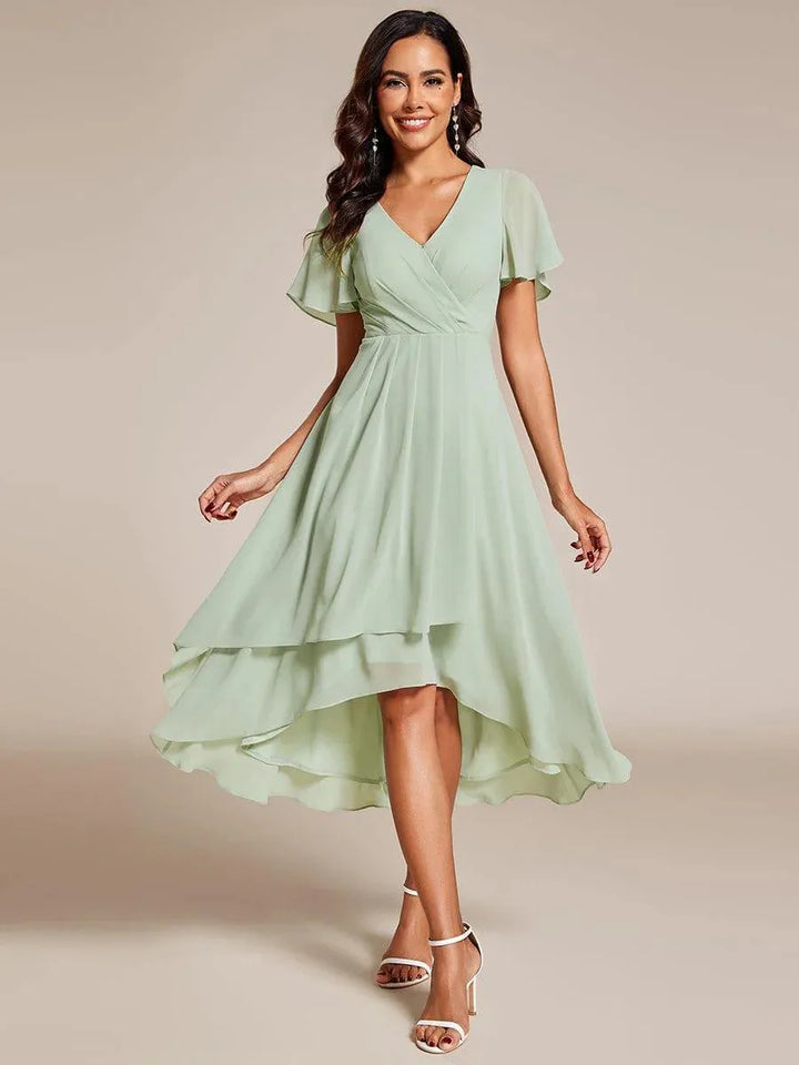 Sophisticated women's wrap V-neck midi dress with a high-low hem, perfect for wedding guests.