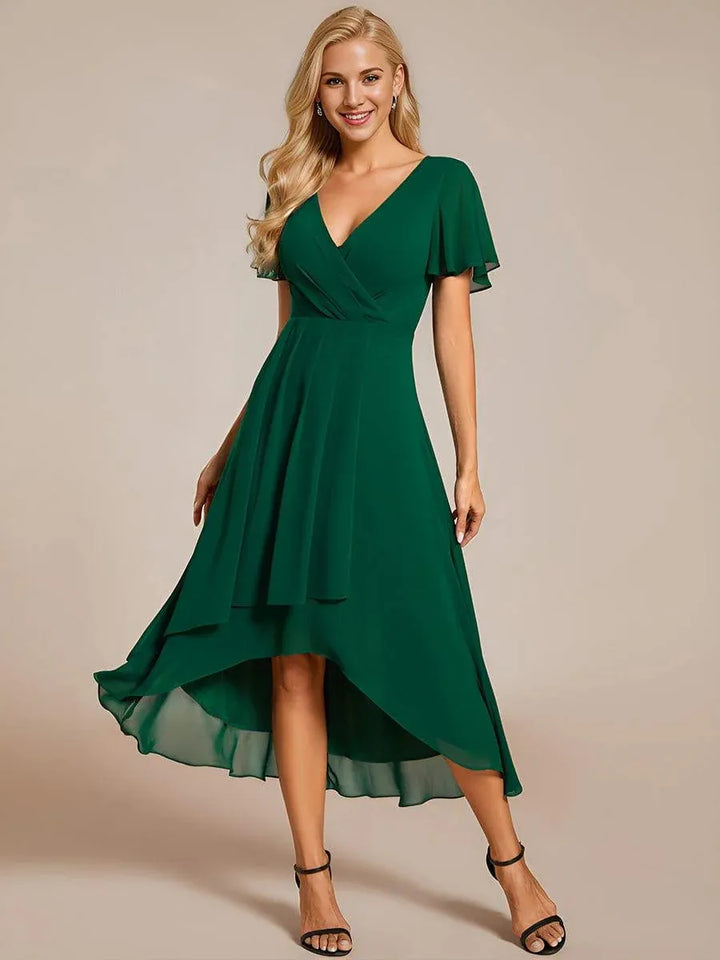 Women's formal high-low midi dress, elegant wrap V-neck, ideal for sophisticated occasion wear.