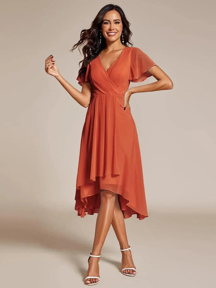 Sophisticated women's high-low wrap midi dress. V-neck design, ideal for wedding guests.