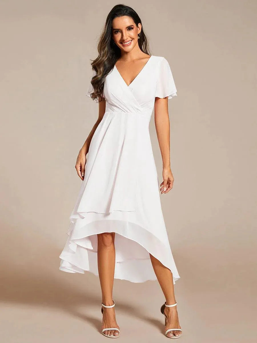Flowing women's elegant midi dress featuring a wrap V-neck and stylish high-low cut.