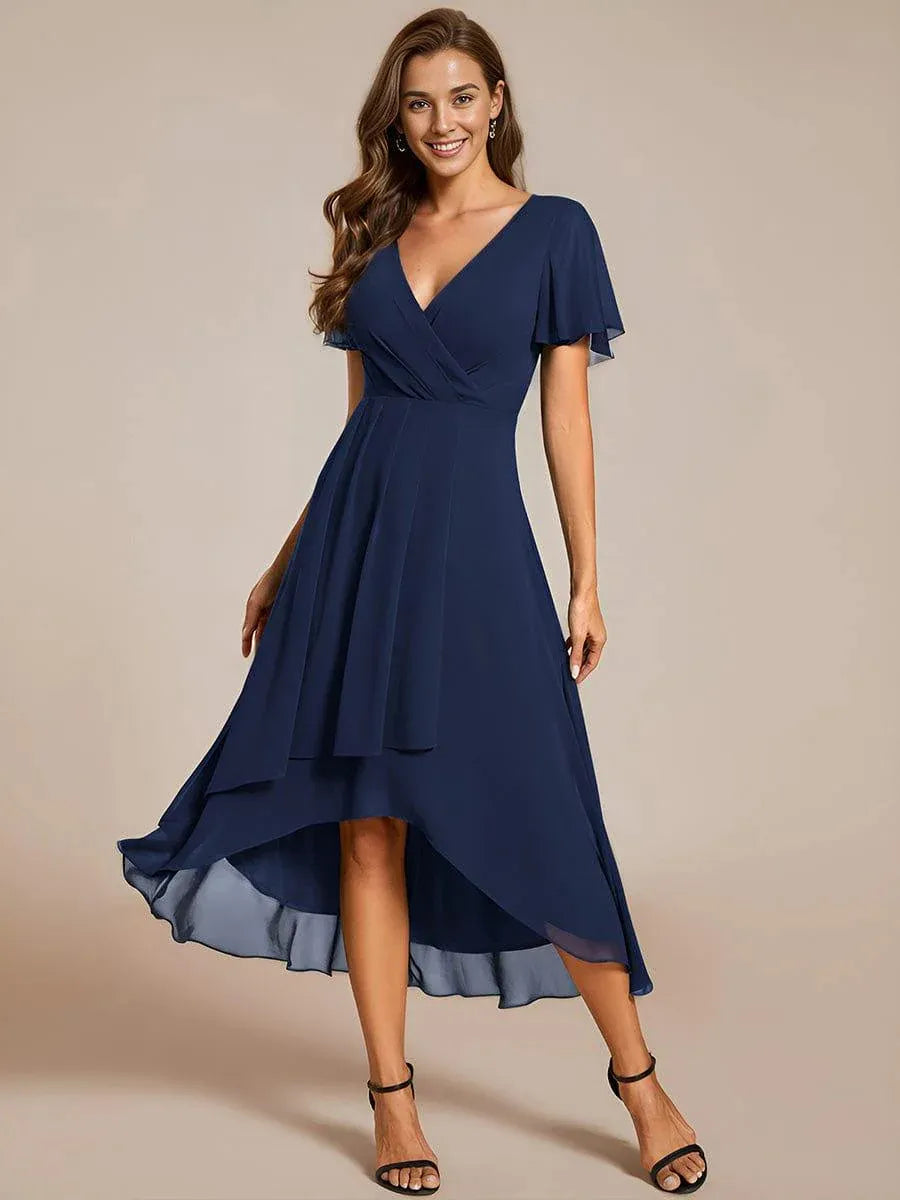 Party-ready women's wrap midi dress. Elegant V-neck and high-low hem for sophisticated style.