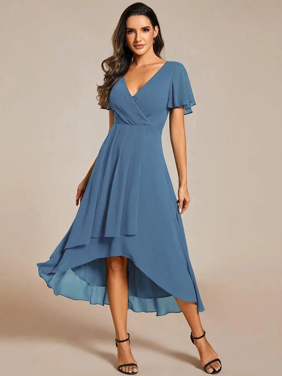 Chic women's high-low midi dress, elegant wrap V-neck design for formal occasions.