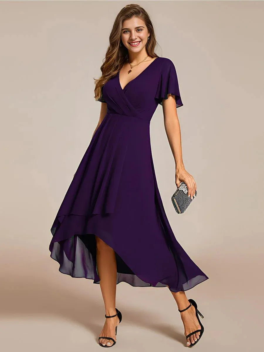 Wedding guest wrap V-neck midi dress for women. Elegant high-low hem, sophisticated fashion.