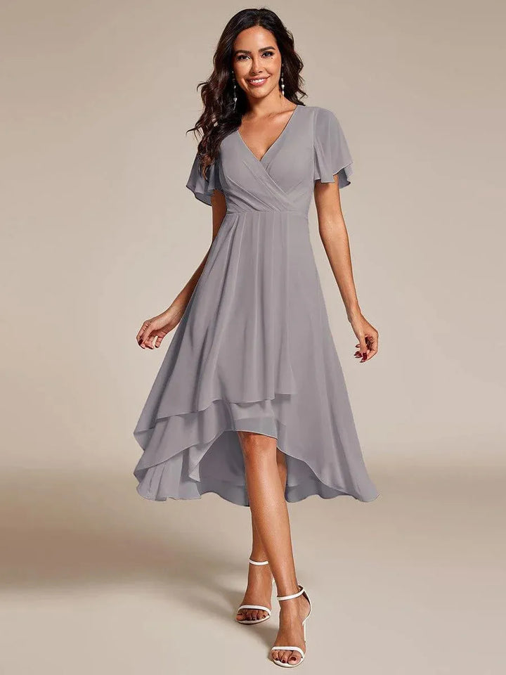 Women's elegant high-low midi dress with a flattering wrap V-neck, perfect for any special occasion.