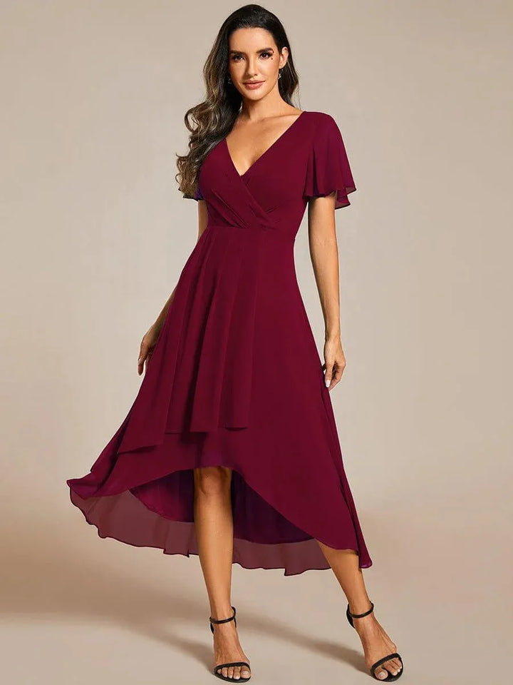 Stylish women's wrap V-neck midi dress, featuring an elegant high-low hem for sophisticated looks.