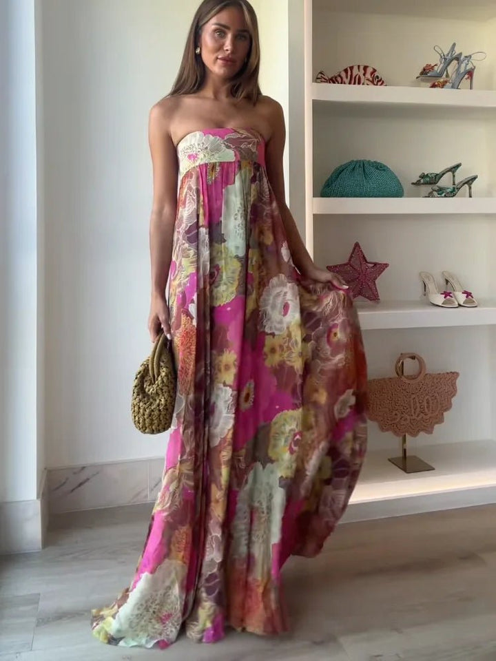 Sophisticated multicolor floral strapless maxi dress for women, ideal for parties & special occasions.