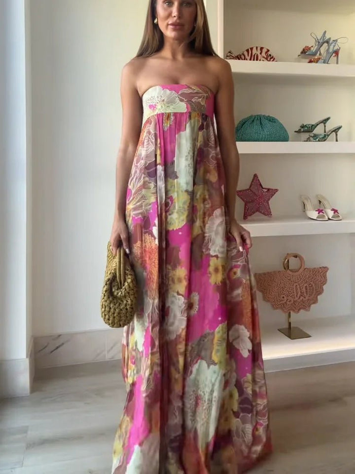Chic floral print strapless maxi cocktail dress for women, showcasing a sophisticated party style.