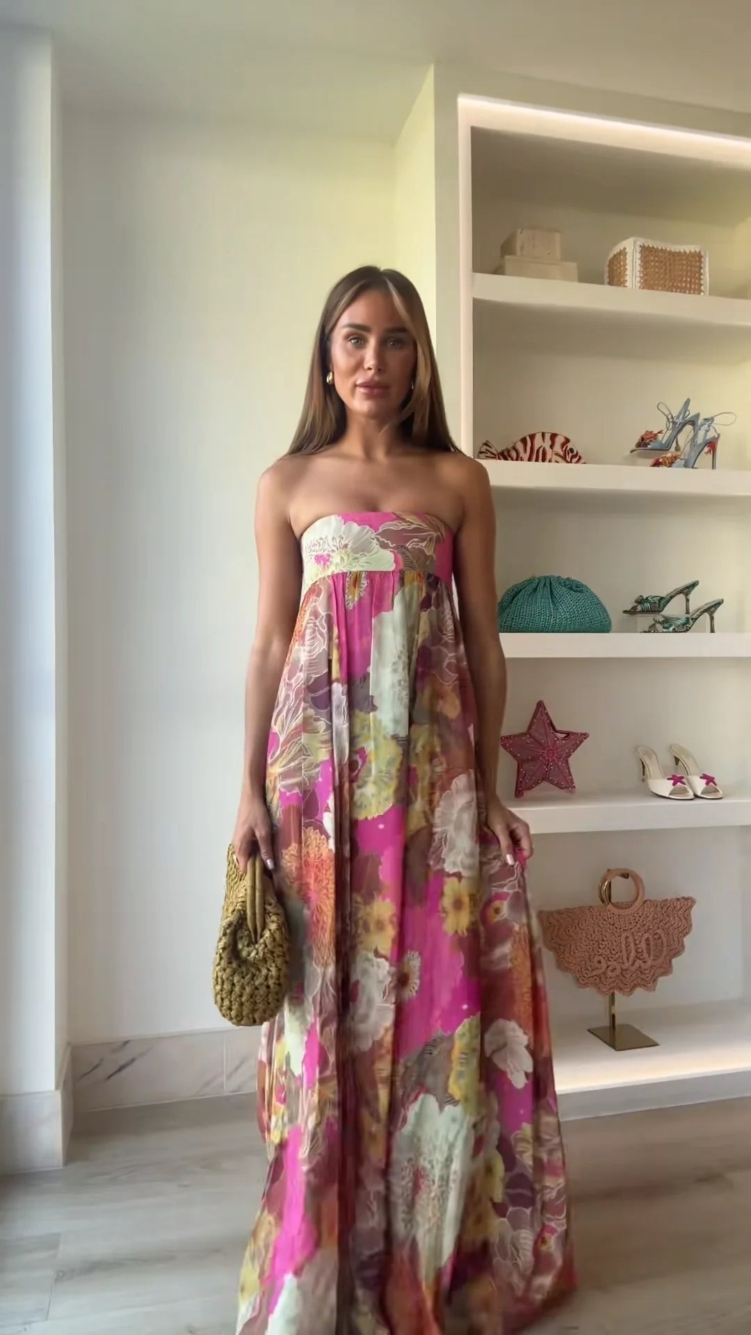 Multicolor floral strapless maxi cocktail dress for women, perfect for an elegant garden party.