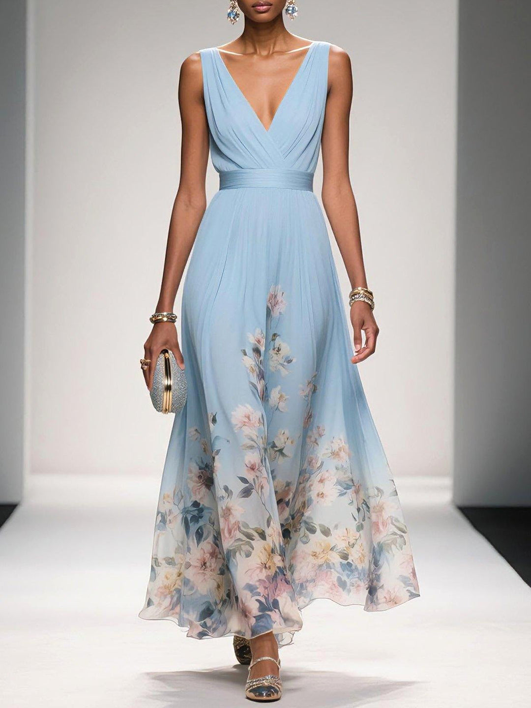 Women's elegant floral V-neck A-line midi dress. Perfect wedding guest or party occasionwear.