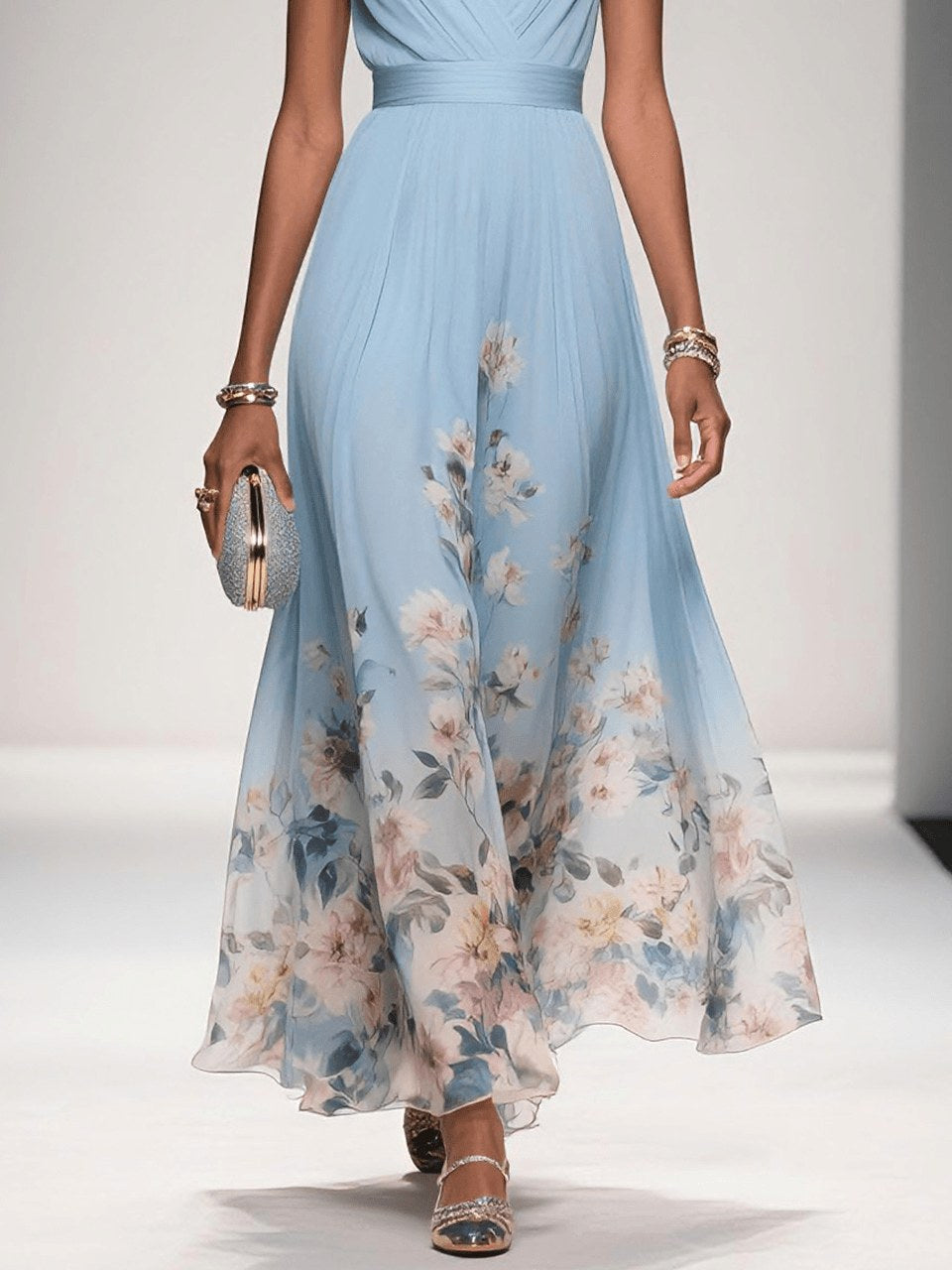 Side profile of women's elegant floral V-neck A-line midi dress, showcasing its flattering cut.