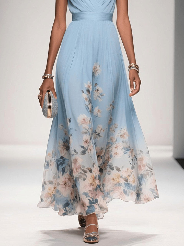 Side profile of women's elegant floral V-neck A-line midi dress, showcasing its flattering cut.